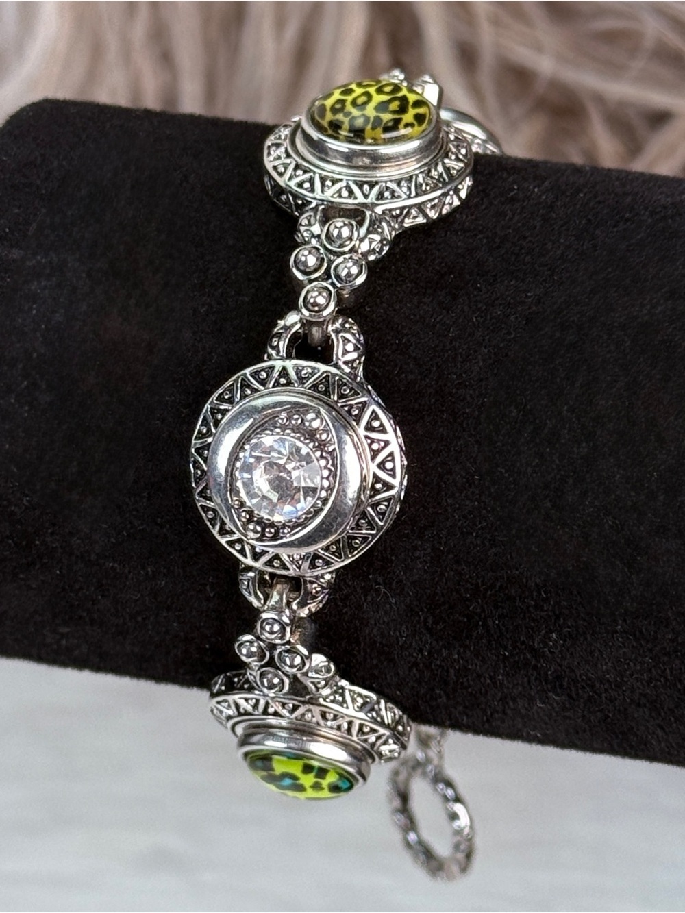 Aged Silvertone Floral-Link Bracelet with Interchangeable Accents